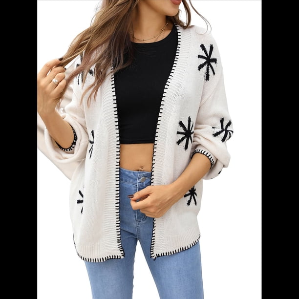 Suéter de Punto Tipo Cárdigan de Larga con Estampado de Copos de Nieve para Mujer, Abrigo Abierto por Delante. Crema M