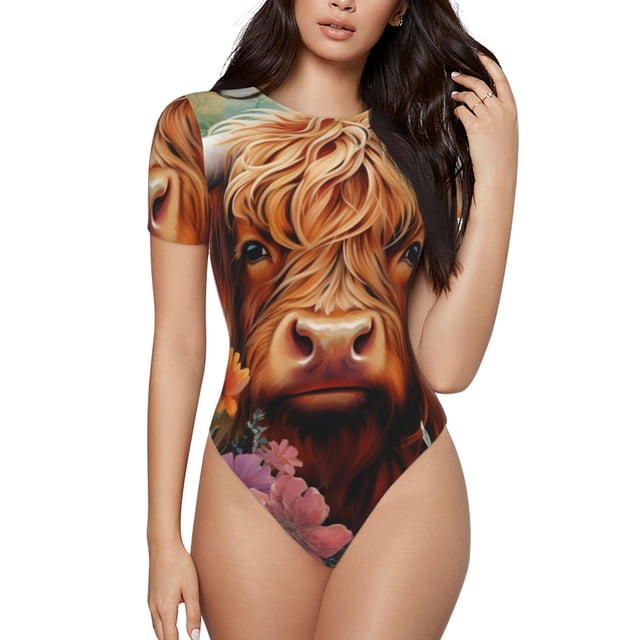 Balery Countryside Colorful Floral Cow Body de cuello redondo de manga corta para mujer Tops de manga corta Tops básicos-Small