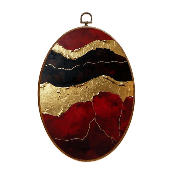 Canvas Wall Art Red Abstract Marble Burgundy Black Malachite Gold Veins Aesthetic Oval Framed Canvas Prints Vintage Wall Hanging Decor for Home Office Decorations 8.6"x11.4"