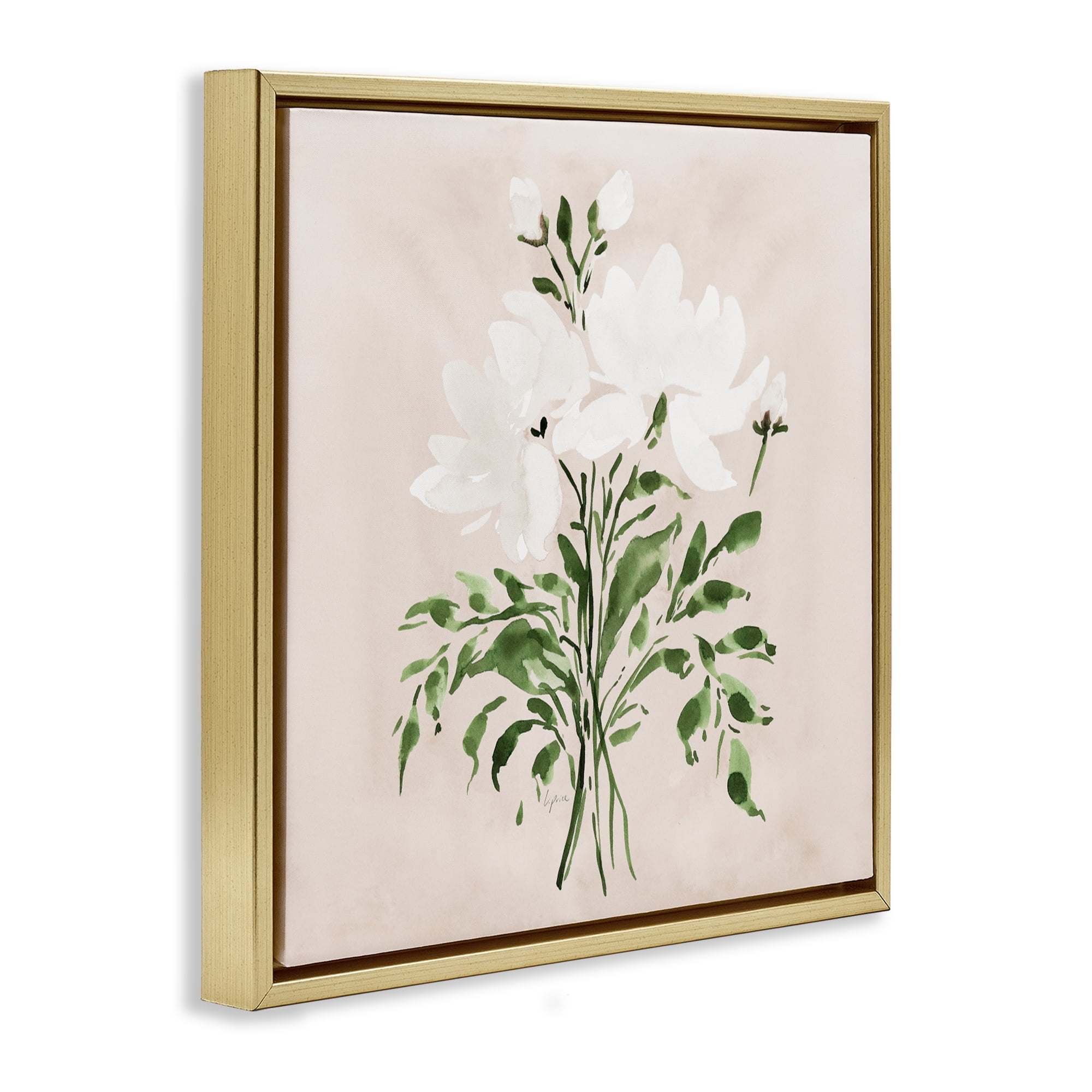Stupell Industries White On Tan Floral Gold Framed Floater Canvas Wall Art, design by Lucille Price