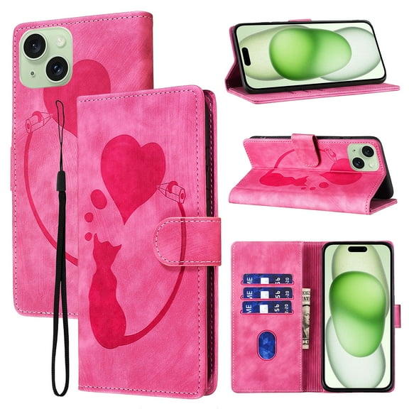 for iPhone 14 Plus Phone Case Wallet Flip Cases,Cute Cat & Heart Patterned,Retro PU Leather Kickstand,Card Holder,Wrist Strap,Magnetic Closure,Shockproof Cover For iPhone 14 Plus, Rose