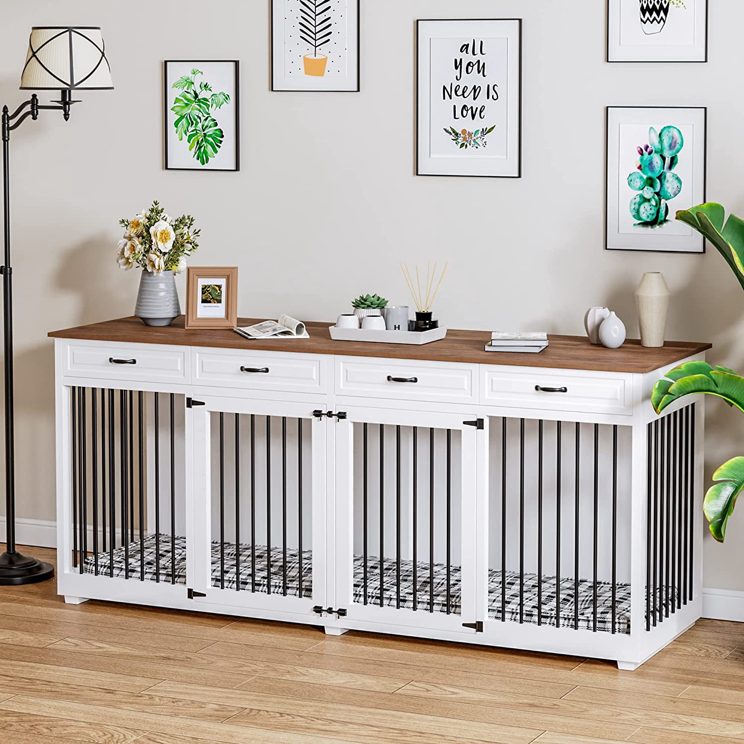 86.6" Large Dog Crate Furniture, Wooden Dog Kennel with 4 Drawers