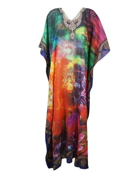 Mogul Women Colorful Maxi Kaftan Dress V-Neck Printed Resort Wear Cover Up Caftan One Size