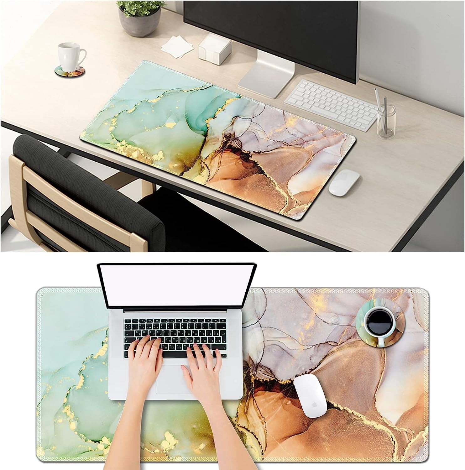 Large Gaming Mouse Pad Extended Desk Pad XL Keyboard Mat Long Mousepad Decor Writing Pad 31.5x15.7inch Non Slip Rubber Base with Stitched Edges for Work, Game -Abstract Art Marble