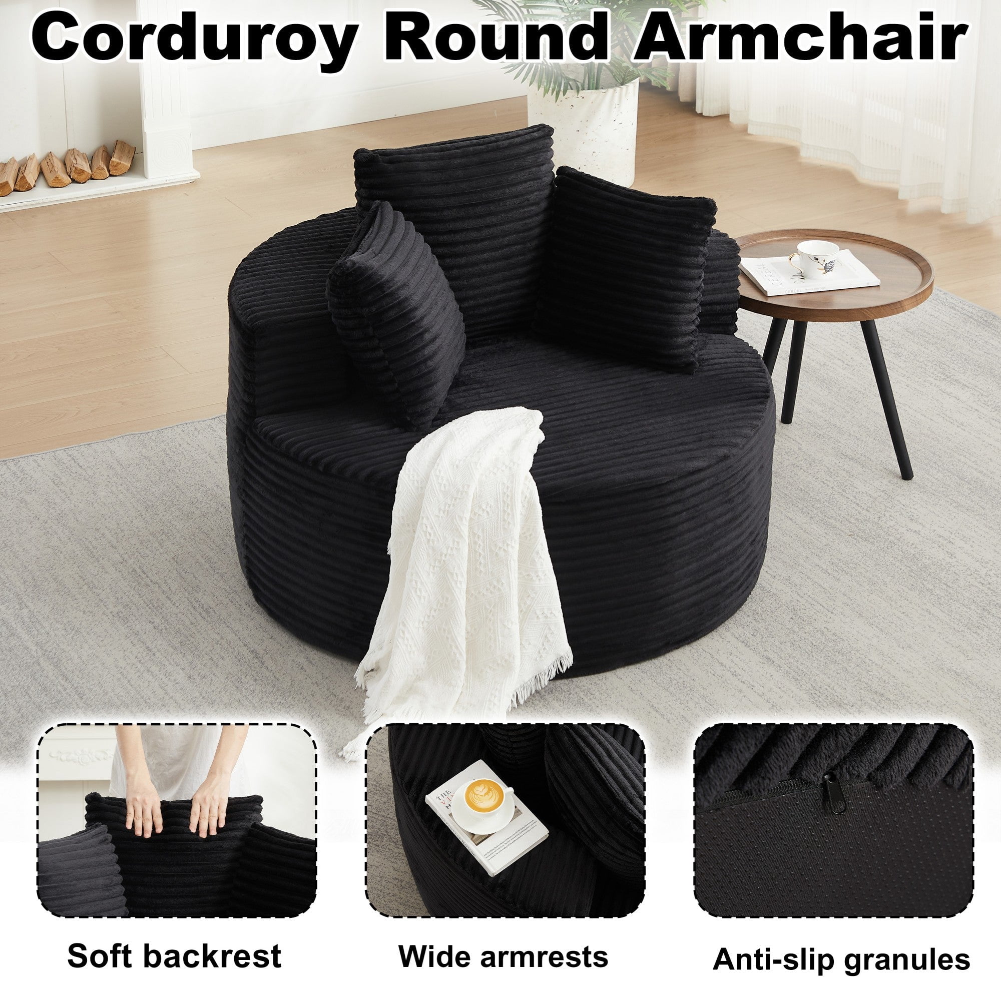 Sailvan 43" Round Corduroy Single Sofa Lounge Chair with 3 Pillows, Modern Minimalist Accent Chair for Bedroom, Living Room & Game Room Black