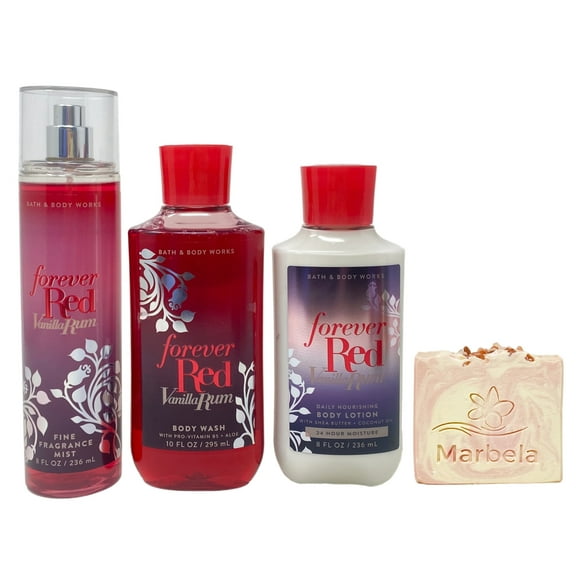 Bath & Body Works Forever Red Vanilla Rum Trio Gift Set - Fragrance Mist, Body Wash and Body Lotion - with a Himalayan Salts Springs Bar Soap - Full Size