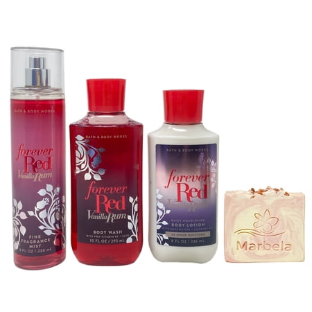 Bath & Body Works Forever Red Vanilla Rum Trio Gift Set – Fragrance Mist Body Wash and Body Lotion – with a Himalayan Salts Springs Bar Soap – Full Size