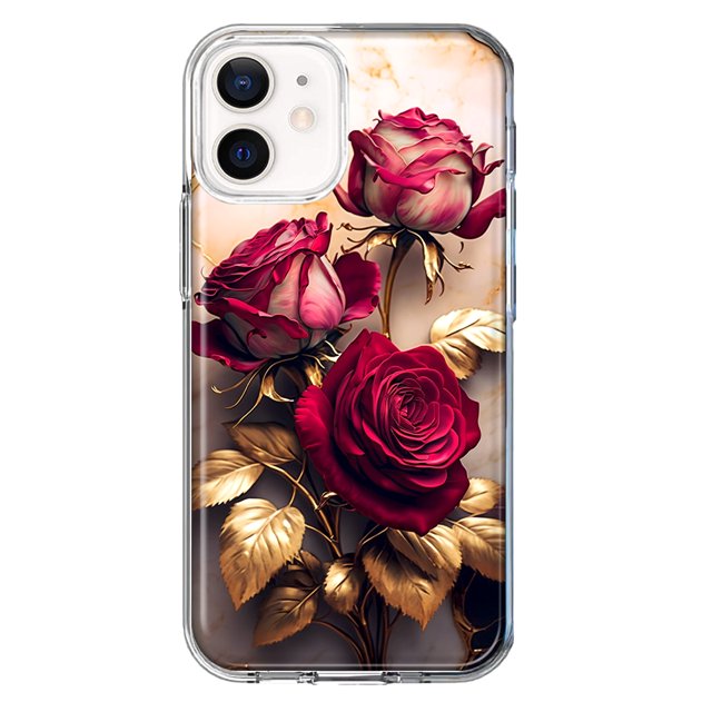 MUNDAZE Apple iPhone 12 Mini Romantic Elegant Gold Marble Red Roses Double Layer Phone Case Cover