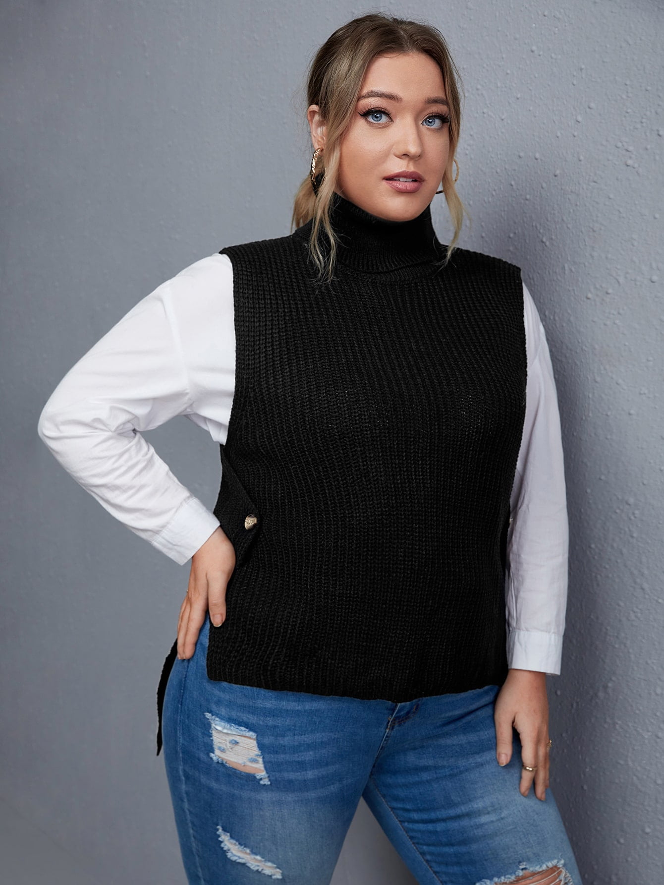 Turtleneck Button Side Sweater Vest 