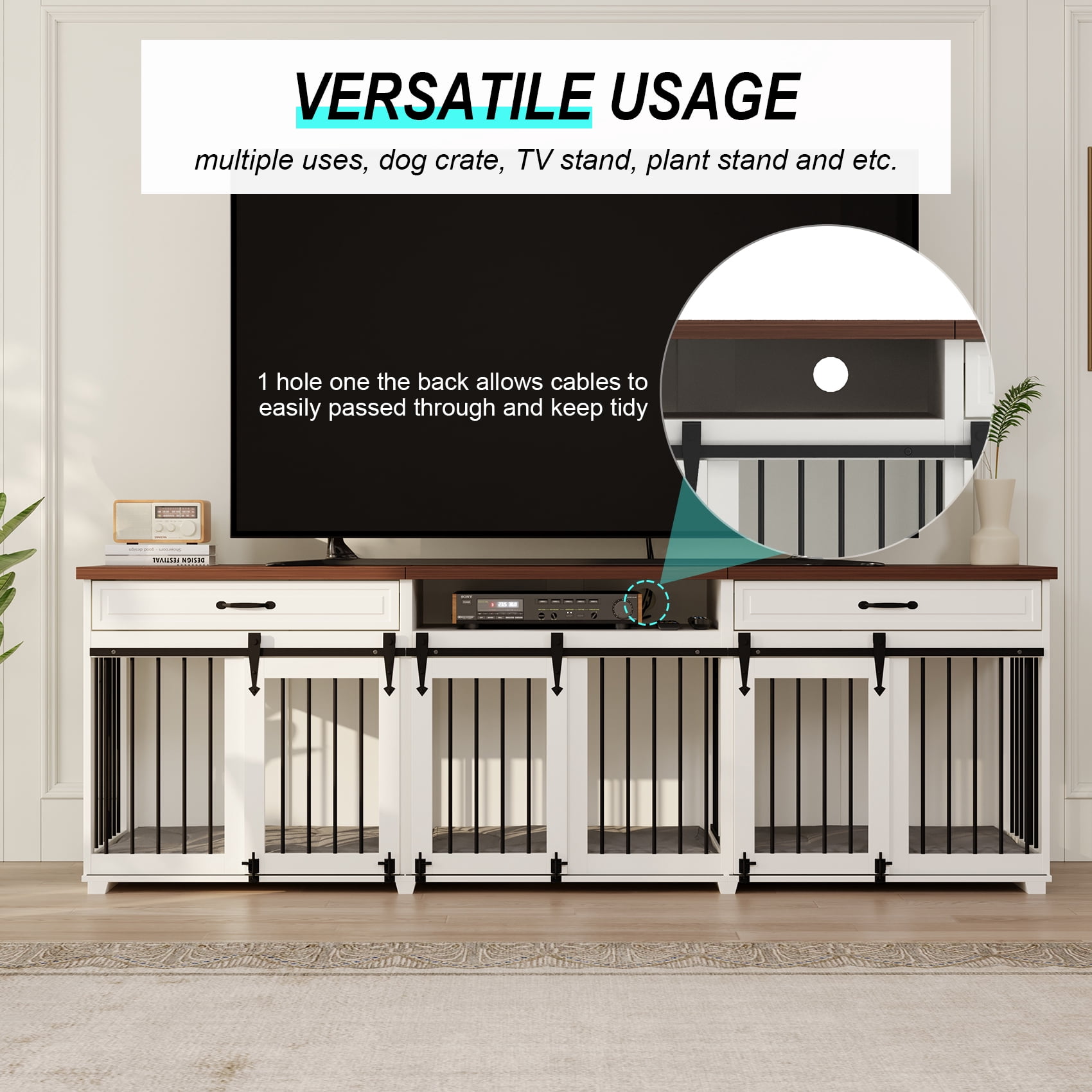Dog Crate Furniture - Indoor Wooden Farmhouse Large Dog Kennel Fureniture for 3 Dogs, with Sliding Barn Doors, 2 Drawers & 1 Shelf, 95" Lx23.6 Wx31.5 H, White