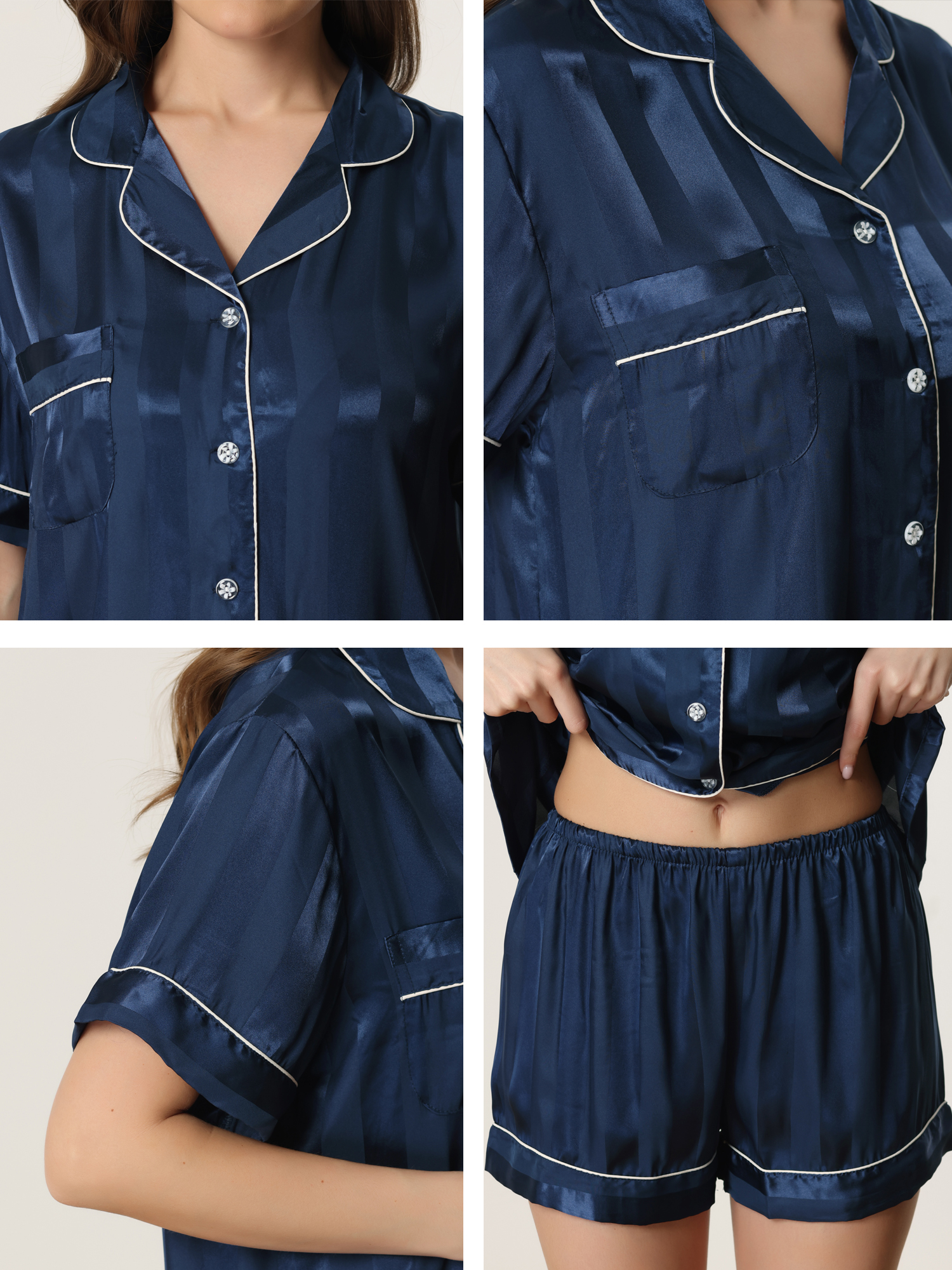DARING DIVA Women's Satin Button Down Shirt and Shorts Pajama Set XL Blue