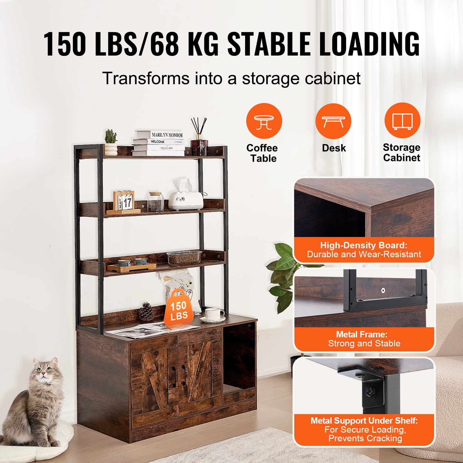 KFFKFF Litter Box Cabinet, Concealed Cat Toilet with Triple Storage, Wood Pet Bathroom for Indoors, Spacious Kitty Enclosure, 33.5"L x 19.3"W x 58.7"H, in Dark Brown