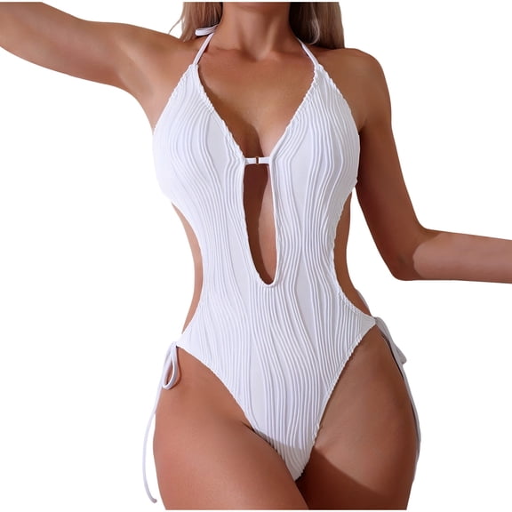 Staron Women's One Piece Swimsuits Monokini Solid Color Backless Halter Swimsuit High Cut Slimming Beach Vacation Bikini, White XL