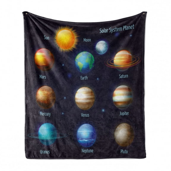 Educational Soft Flannel Fleece Throw Blanket, Solar System Planets and the Sun Pictograms Set Astronomical Colorful Design, Cozy Plush for Indoor and Outdoor Use, 70" x 90", Multicolor, by Ambesonne