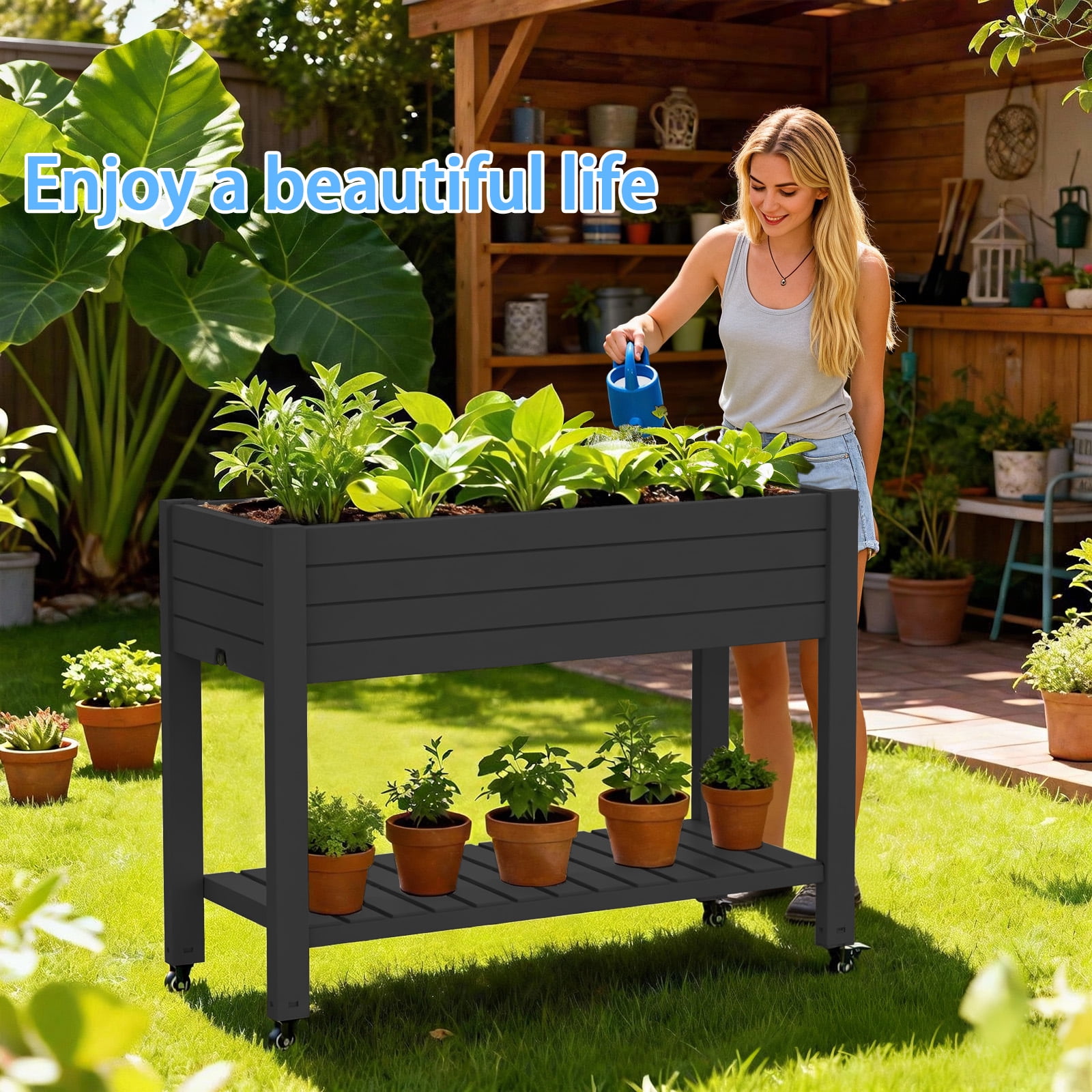 Joxxoaa Raised Garden Bed with Legs,Self-Watering Resin Planter Box with Lockable Wheels Drainage Plug and Gauge for Vegetables, Flowers, Storage Shelf for Tools and Accessories (Black)