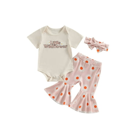 

Kids Girls Pants Suit Casual Street Party Short Sleeves Romper Shirt + Floral Bell-Bottoms Pants + Head Band