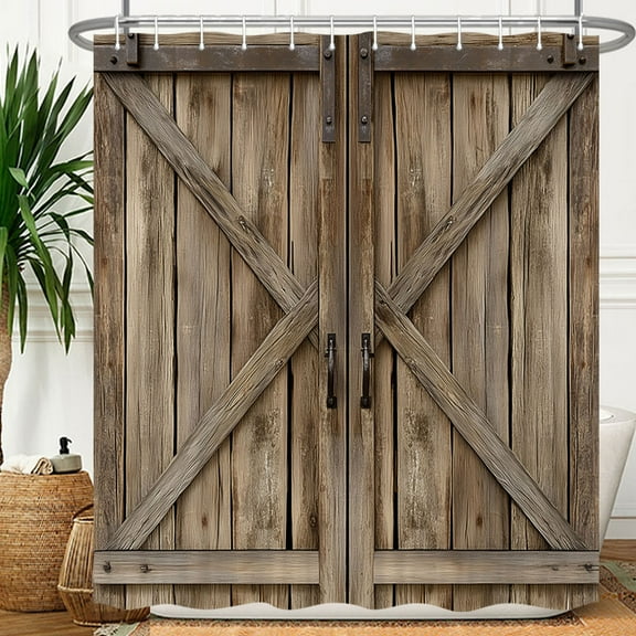 Wooden Barn Door Shower Curtain, Rustic Wooden Garage Door Shower Curtain Vintage Wood Farmhouse Shower Curtain, Country Barn Door Shower Curtain with Hooks, 72X72 Inch, Brown