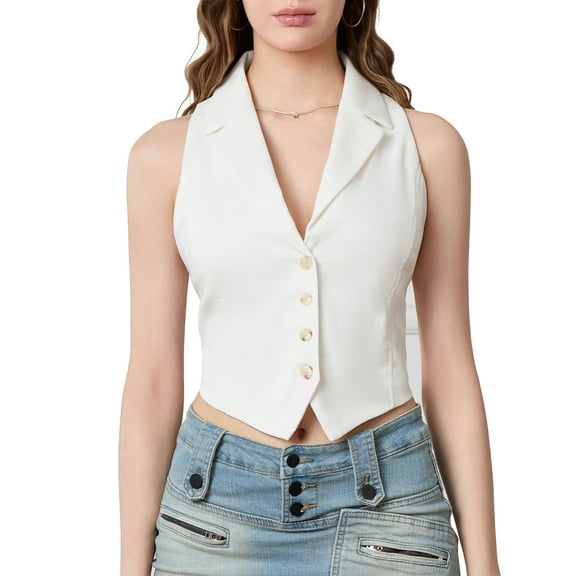 Michellecmm Womens Waistcoat Solid Lapel V Neck Sleeveless Button Down Vest Tops