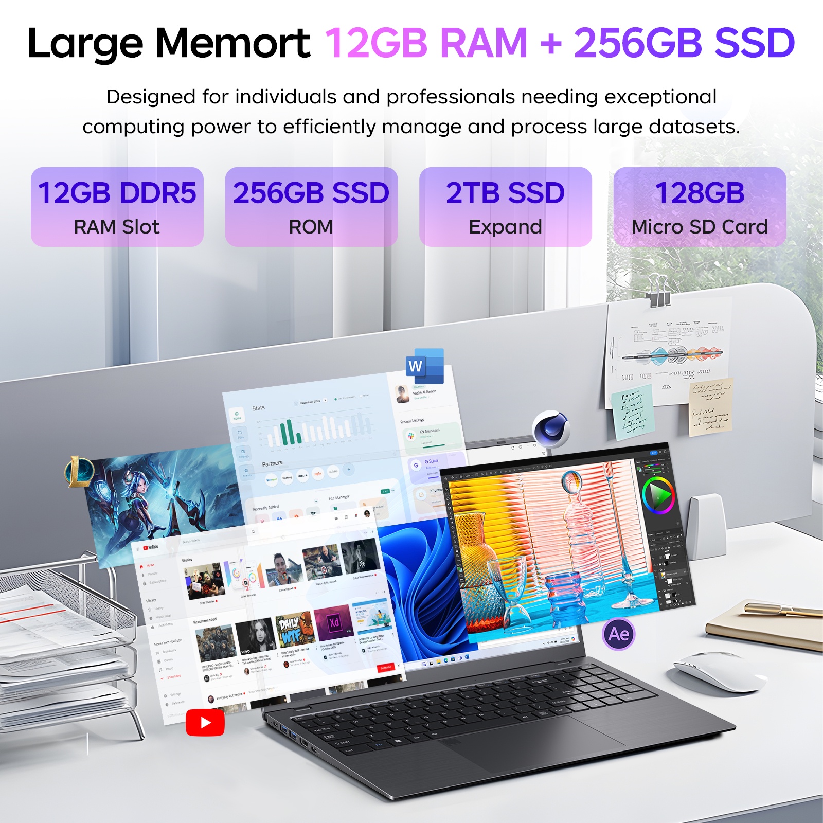 RNRUO 15.6" Laptop Computer, 12GB DDR5 256G SSD, Intel N95 4 Core up to 3.6GHz, Office 2024 Fingerprint Backlit KB WiFi 6 BT5.3, 1080 FHD Display for Student, Business, Home Office