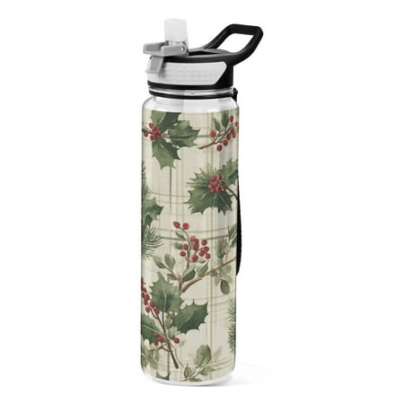 1000ML Transparent Sports Water Bottle with Handle & Straw Portable Water Bottle for Outdoor Camping Gym Pine Boughs and Holly Pattern