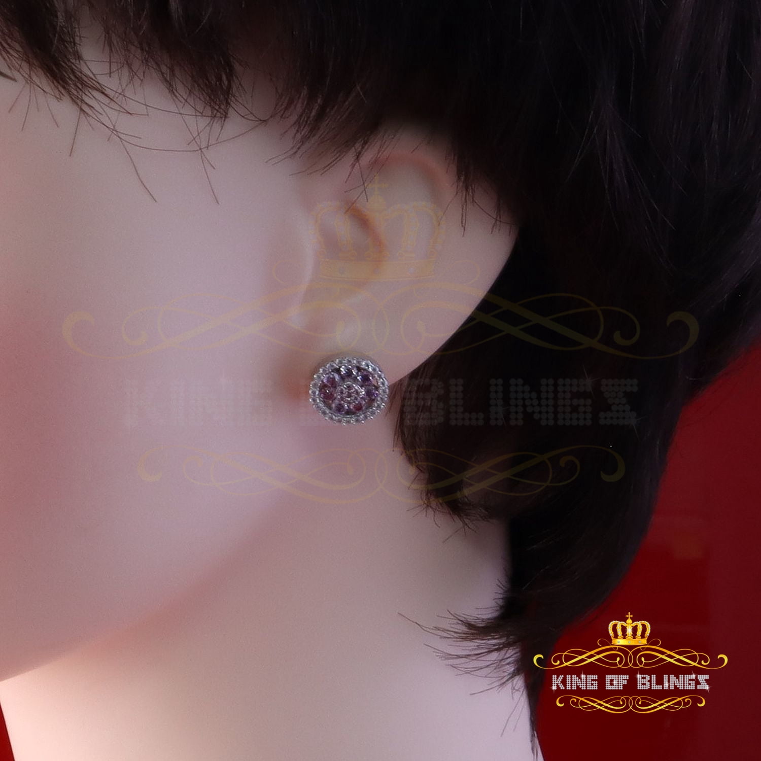 King of Bling's 925 Silver White 1.50ct VVS 'D' Pink Moissanite Round Mens/Women's Stud Earrings