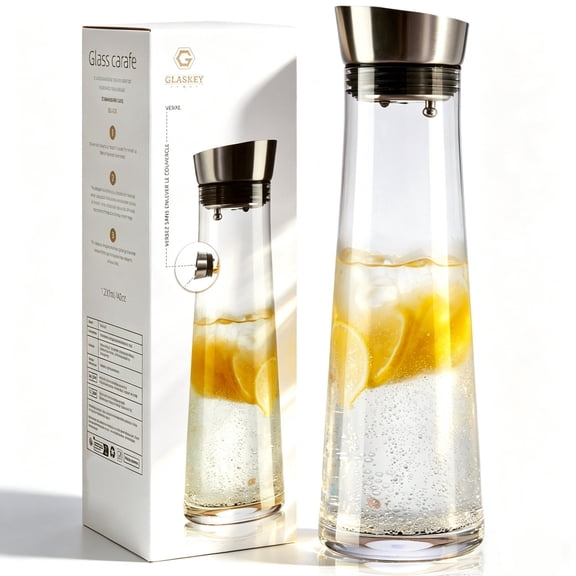 GLASKEY Glass Water Carafe with Lid,1200ml Glass Juice Pitcher with Stainless Steel Gravity Lid,Clear Water Pitcher for Ice Tea, Lemonade, Coffee,Juice Beverage