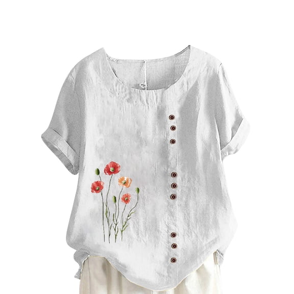 STETMN Casual Cotton Linen T-shirt for Women Crewneck Floral Print Top Short Sleeve Lightweight Tee