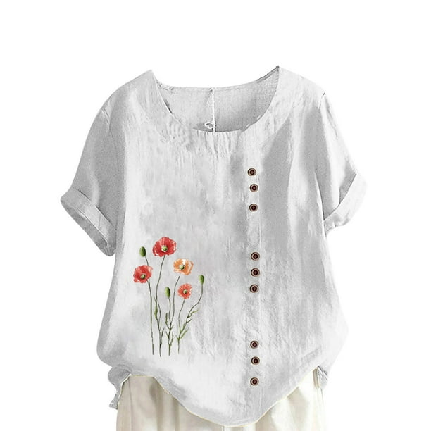 Camisetas de Manga Corta para las Mujeres Impreso Botón de Manga Corta Camiseta Blusa Poliéster, Ropa Casual Mirar Superior para las Mujeres