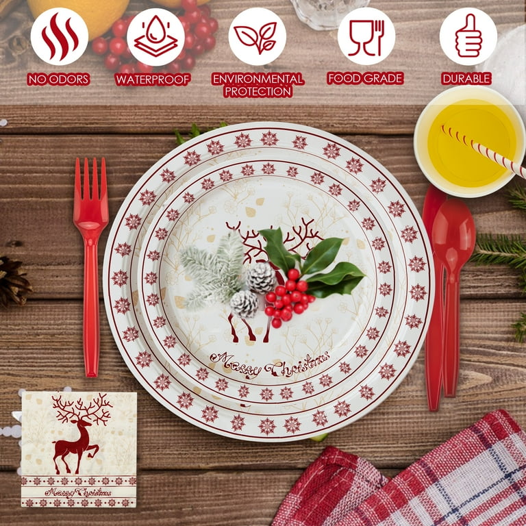 200 Pcs Christmas Disposable Dinnerware Set, Paper Plates Napkins Cup Straw  Plastic Fork Knives Spoon 