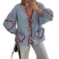 thumbnail image 1 of Women's Plaid Lace Up Bow Shirts Heart Pockets Long Puff Sleeve V-neck Blouses, 1 of 5