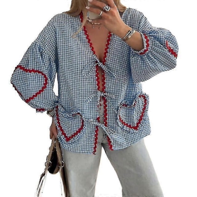 Women's Plaid Lace Up Bow Shirts Heart Pockets Long Puff Sleeve V-neck Blouses