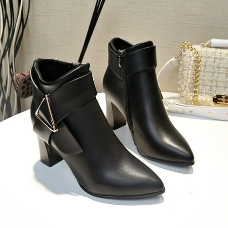 

Pointed Toe Block Heel Boots Side Zipper Fashion Belt Buckle Pumps Women‘s Footwear