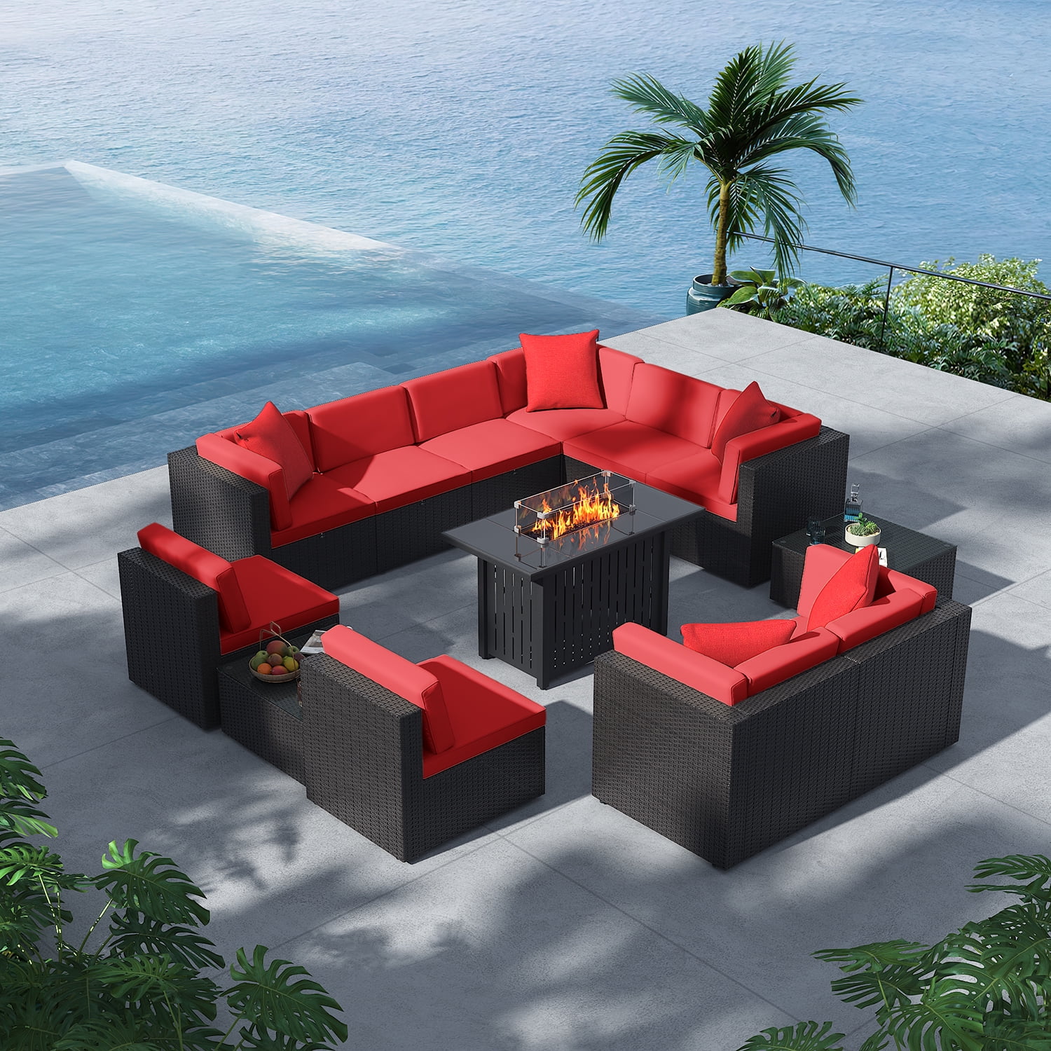 Devoko Exclusive 13 Pieces Fire Pit Seating, Outdoor Sectional Rattan