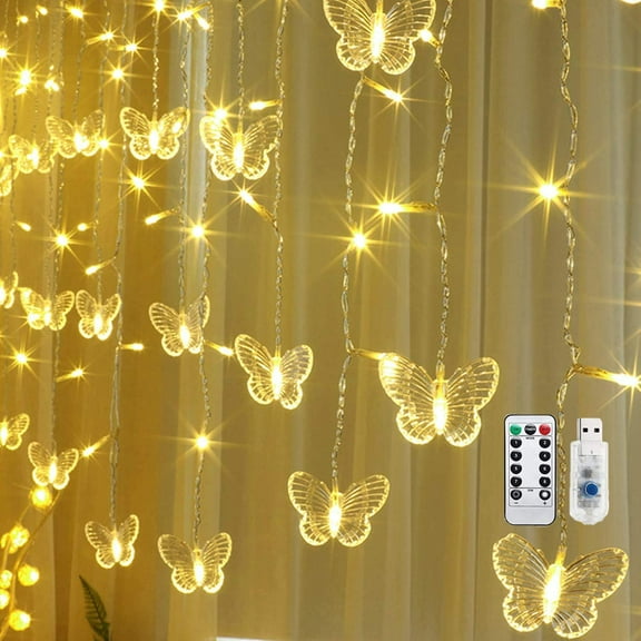Butterfly Curtain Lights, 8 Modes 48LED Twinkle String Light with Remote 4.9FT USB Powered Window Fairy Light, Decorative Lights for Bedroom, Party, Wedding, Holiday, Christmas (Warm White)