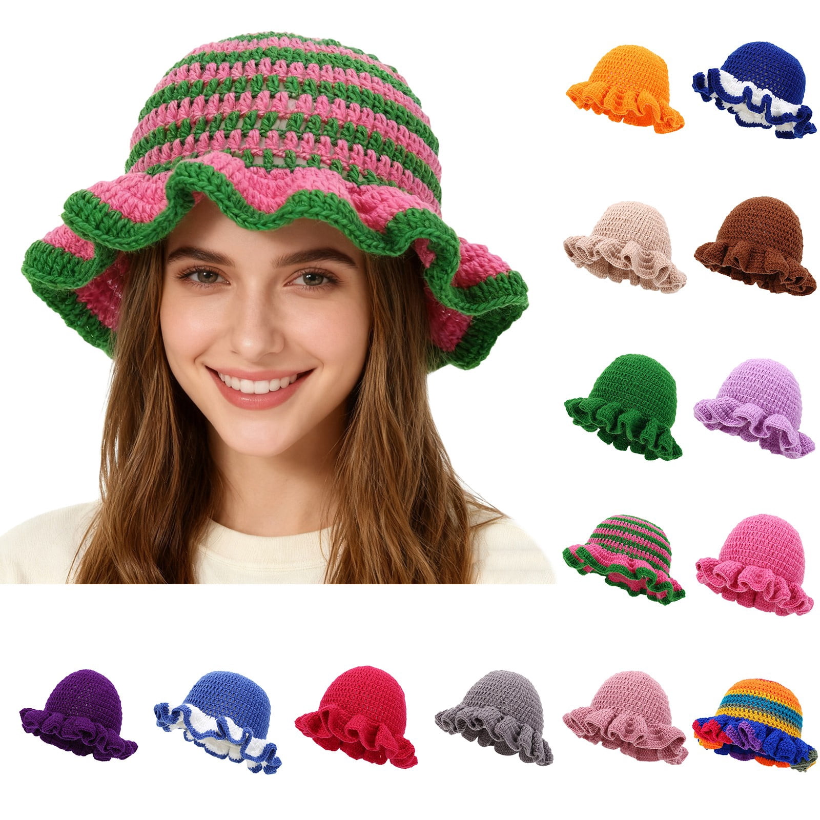 7314 Crochet Bucket Hat Cute Winter Ruffled Brim Floppy Cap Handmade Knit ROYALEAD Handmade Crochet Bucket Hat for Woman Teen Outdoor  main image 2