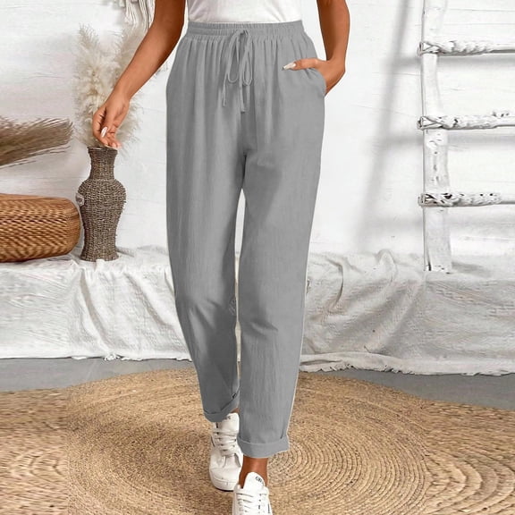 hoksml Women's Cotton Linen Blend High Waist Drawstring Casual Pants Loose Fit Tapered Trousers with Rolled Cuffs and Side Pockets