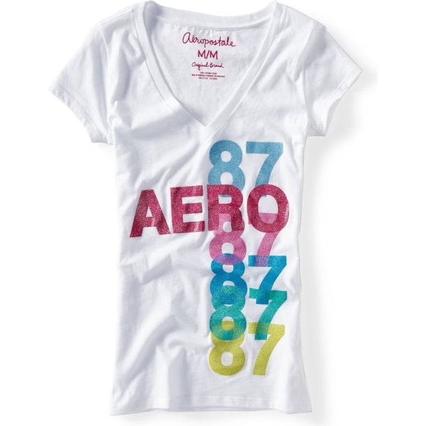Aeropostale Mujeres Glitter Multi 87'shsirt Graphic Camiseta, Blanco, Grande