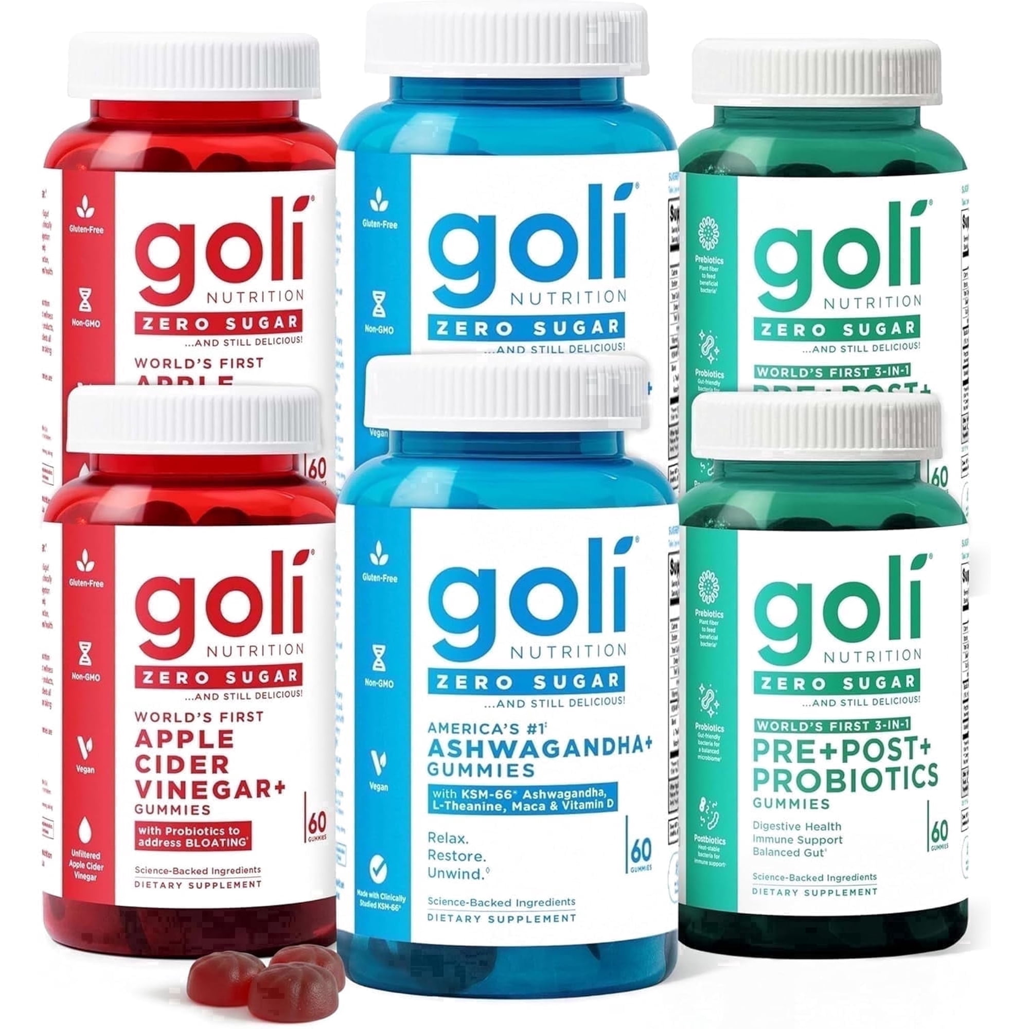 Goli Zero Sugar 6 pack Gummies, Apple Cider Vinegar, Ashwagandha, 3-in-1 Pre+Post+Probiotics, 360 Ct