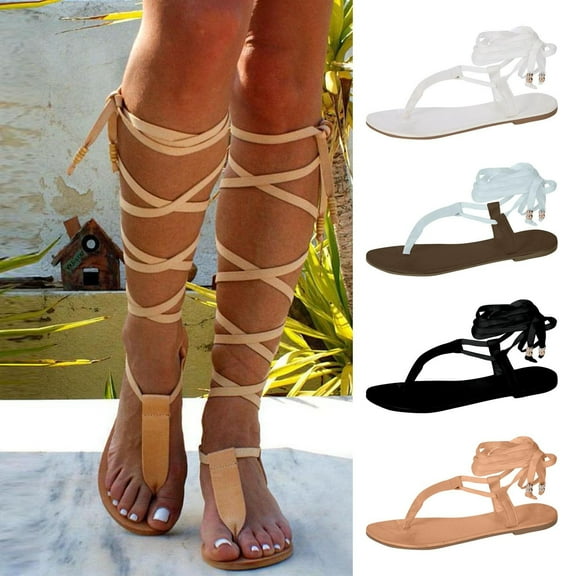 Miluxas Summer Sandals for Women Lace Up Sandals for Women, Open Toe Gladiator Sandals, Flat Sandals for Women Dressy, Beach Sandals for Women Yellow 9.5(43)