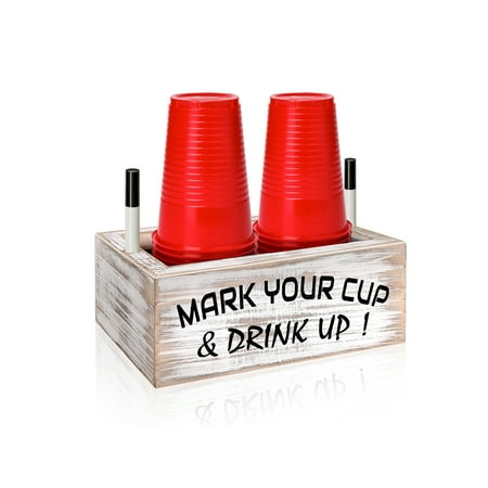 

Double Solo Cup Holder with Marker Slot Wooden Party Drink Dispenser Mark Your Cup and Drink Up Disposable Plastic Cup Organizer Storage for Farmhouse Wedding Party Kitchen Bar Home Decor