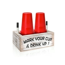 Double Solo Cup Holder with Marker Slot, Wooden Party Drink Dispenser, Mark Your Cup and Drink Up Disposable Plastic Cup Organizer Storage for Farmhouse Wedding Party Kitchen Bar Home Decor