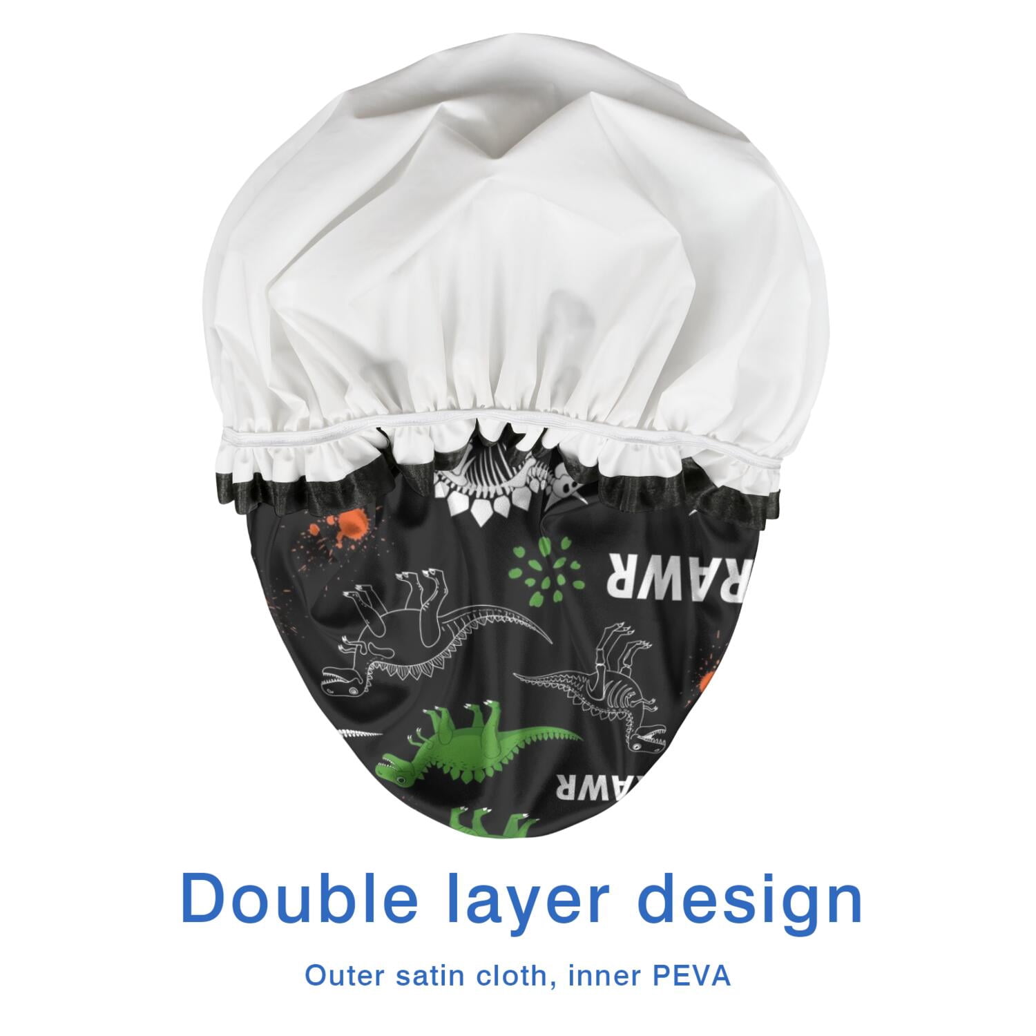 Shower Caps,Black Cartoon Dinosaurs Rawr Pattern Waterproof Shower Cap for Women 4 Pieces,Double Reusable Hair Cover for Shower PEVA Elastic Stretch Hem