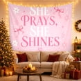 thumbnail image 3 of She Prays She Shines Typography with Pink Bows, Inspirational Illustration for Faith Decor Fans, Wall Decor, Friendship Gift, Tapestry Wall Hanging for Bedroom and Dorm, 3 of 7