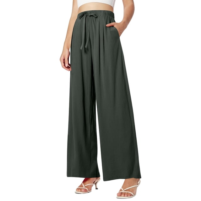 Women's Summer High Waisted Drawstring Linen Wide Leg Beach Pants with Pockets, Comfortable, Casual, Pure Color, Loose Fit for Vacation