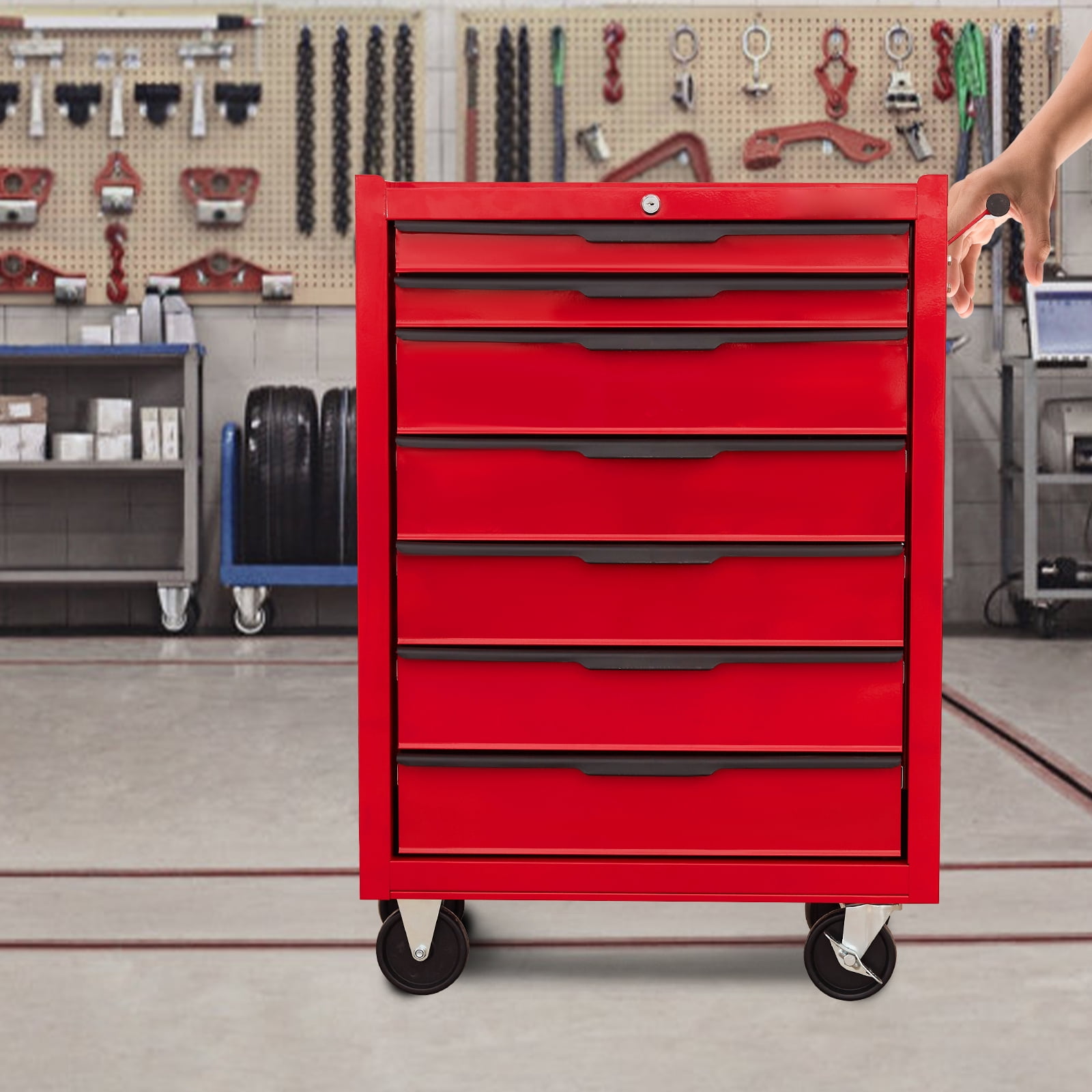 7 Drawer Rolling Tool Chest Cabinet, Large Capacity Metal Tool Box with Wheels and Cylinder Locking, Storage Organizer Tool Cart for Garage, Warehouse, Work Shop