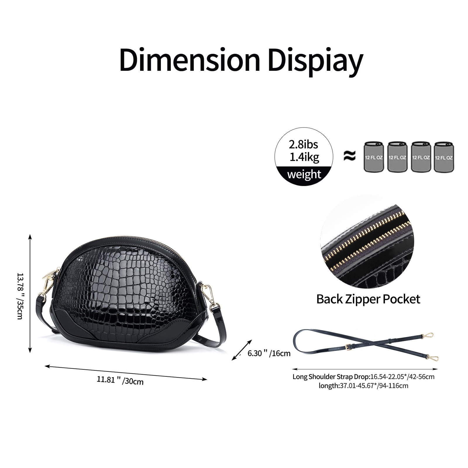 FEIMINA Genuine Leather Crossbody Bag, Womens Black Tote Bag/Purse Lots Of Pockets, Crocodile Shoulder Bag, Designer Purses,  Lightweight Dome Tote (Black)