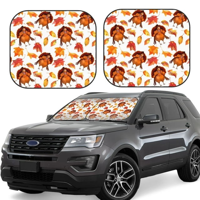 Vsdgher Thanksgiving Turkey Leaves Print Car Windshield Sun Shade, Reflective Sunshade Window Sunshade Sun Visor Protector Fit for Cars,Trucks,SUVs-Large