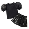 thumbnail image 2 of Tbopshirt 2Pcs Baby Girls Outfit Toddler Kids Baby Girls Puff Sleeve Solid Color Tops+Lace Up Shorts Outfits Set, 2 of 5