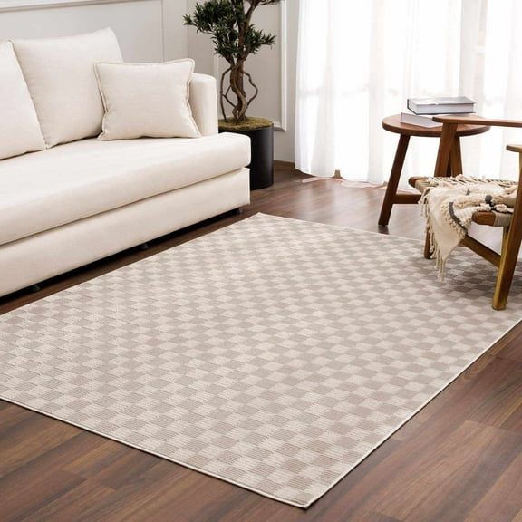 Hauteloom Truls Machine Washable Contemporary Runner Rug - Modern Geometric Checkered Carpet for Hallway, Kitchen - Beige, Cream - 2'7" x 7'3"