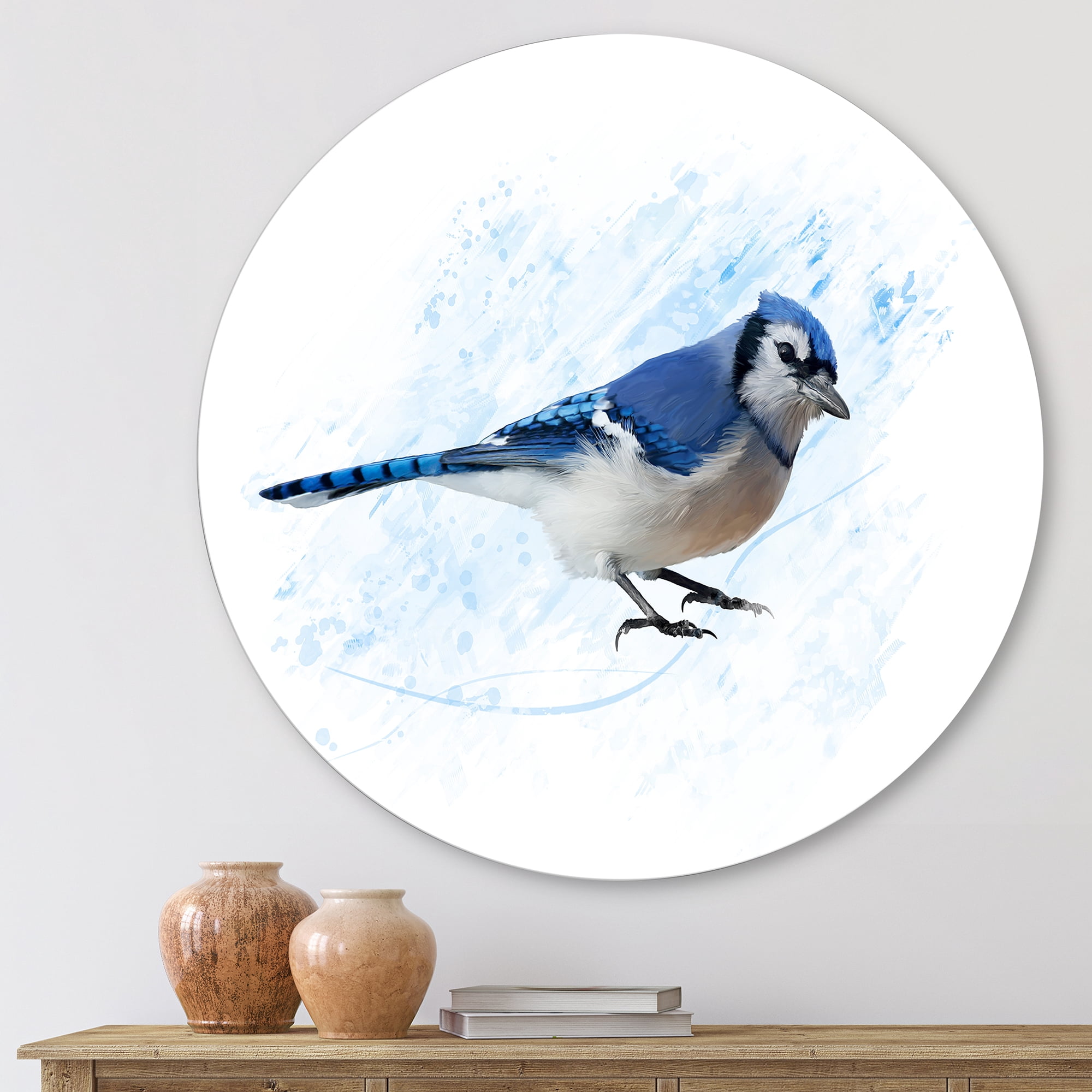 Designart 'Ancient Blue Jay Bird' Traditional Circle Metal Wall Art 23x23 - Disc of 23